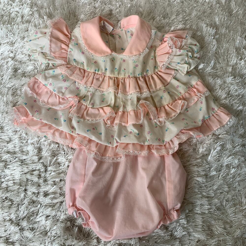 Vintage Layered Ruffles Lace Trim Sz 9 months Tiny Flowers